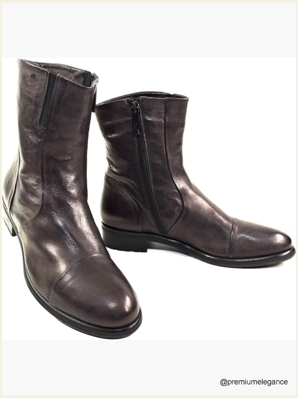 Italian Leather Ankle Boots with Lamb Fur Lining, Handmade Block Heel Side Zip